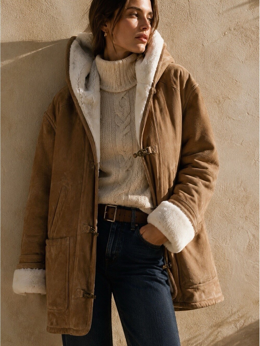 Gallery Genuine Leather Shearling Hooded Toggle Coat Tan Women’s M Quiet Luxury